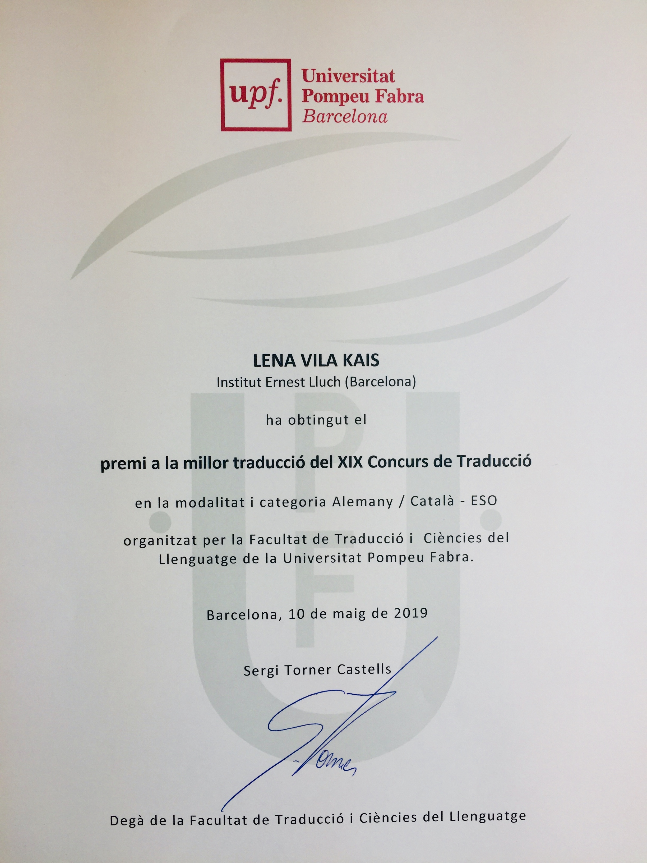 Diploma de l'alumna Lena Vila