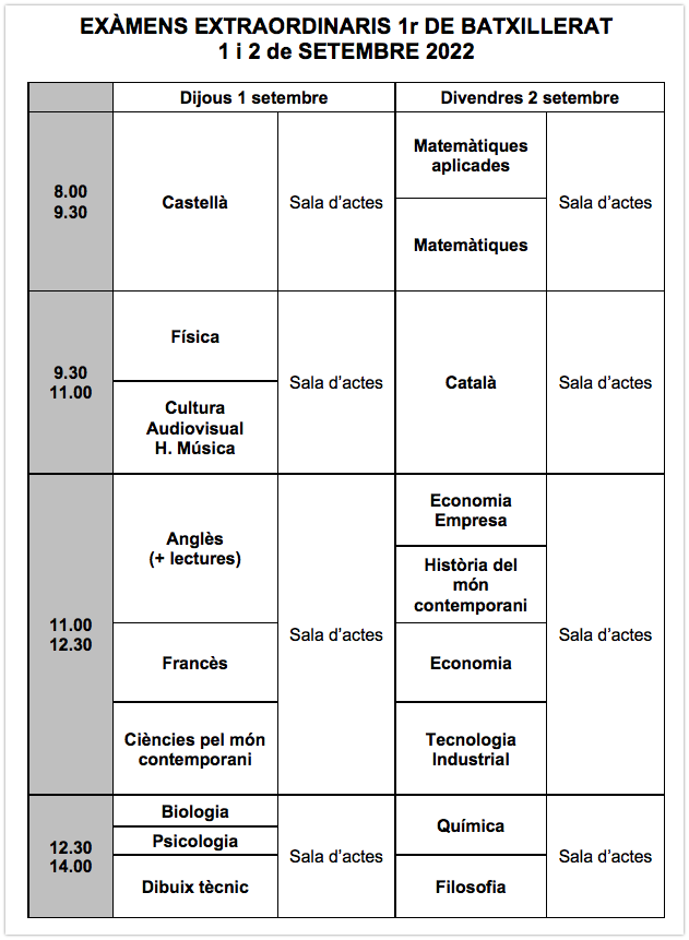 CALENDARI Exàmens SETEMBRE 2022